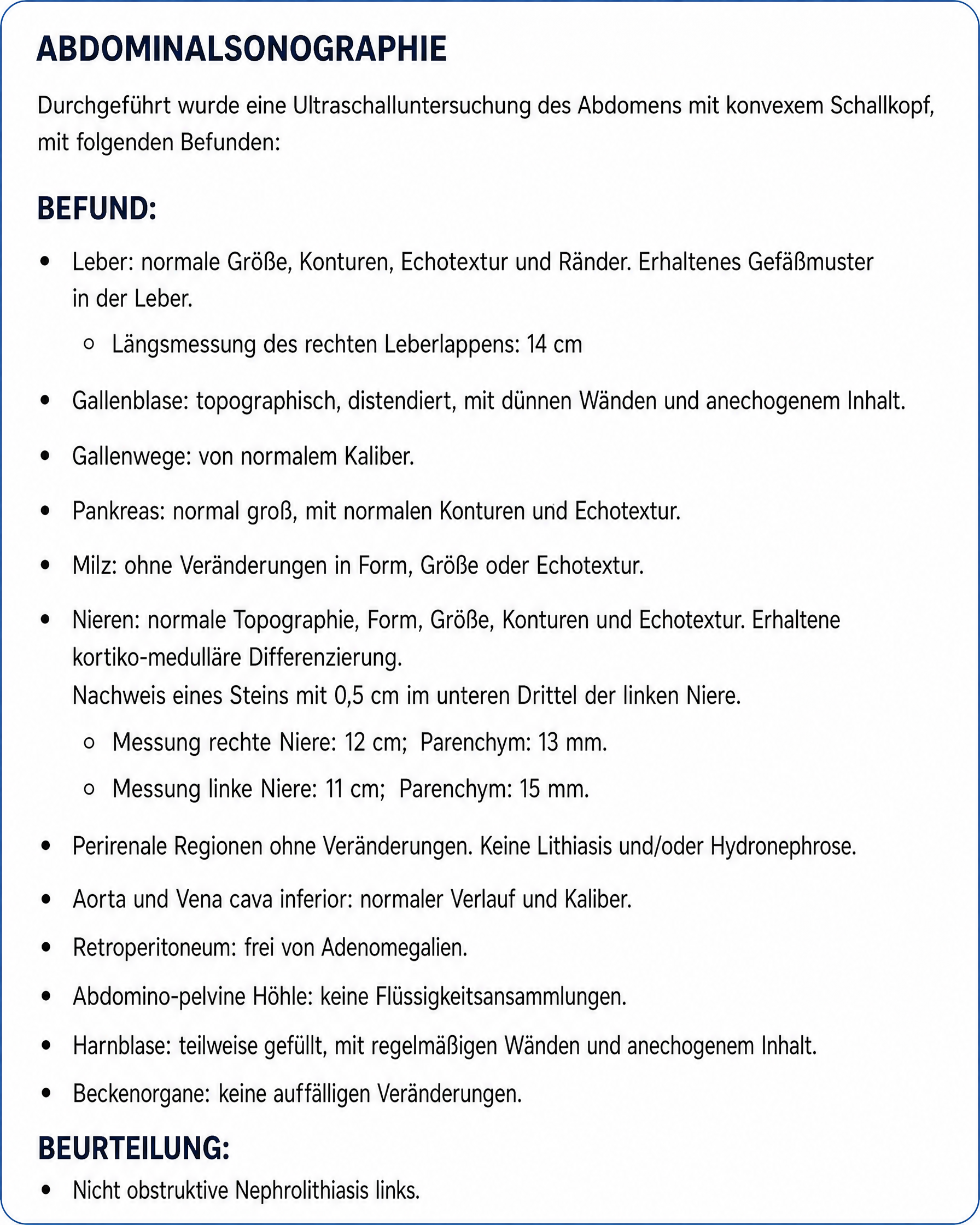 Fertiger Ultraschallbefund, bereit zur Durchsicht und Signatur, erstellt mit Sono Ai Report