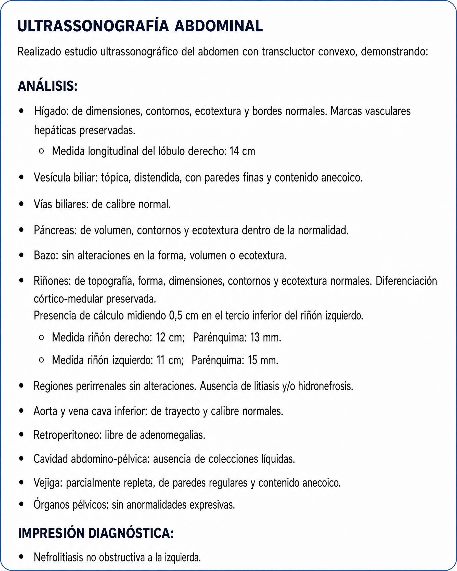 Informe de ecografía listo para revisar y firmar, generado por Sono Ai Report