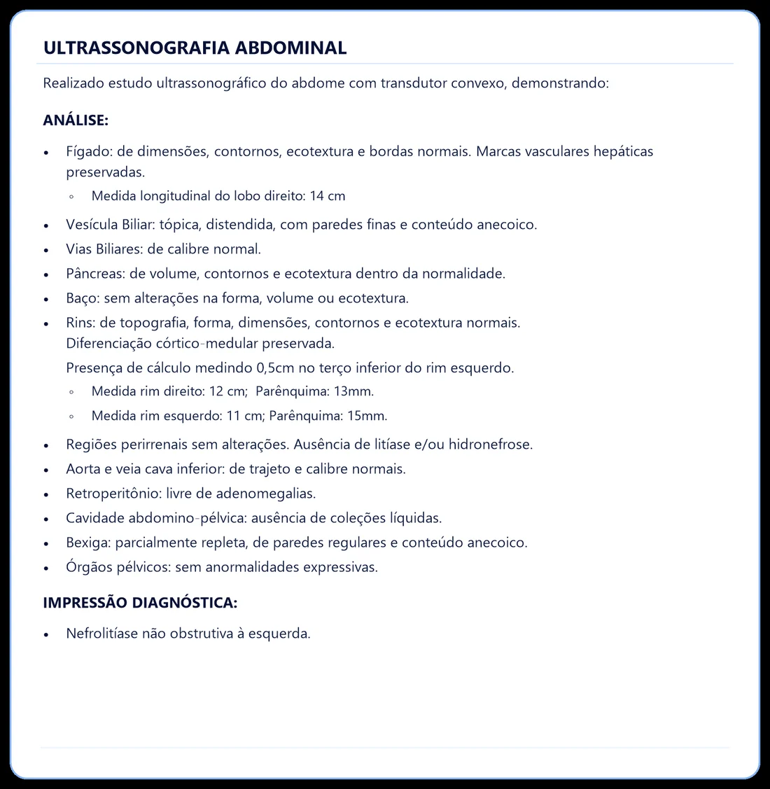 Laudo de ultrassom pronto para revisar e assinar, gerado pelo Sono Ai Report